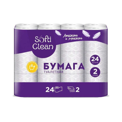 Туалетная бумага Softi Clean 2сл, 24 шт, 15.31м, с втулкой, бел