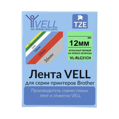 Атласная лента Vell VL-RLG31CH (с чипом, 12 мм, черный на нежно-зеленом) для Puty PT-100E/100ECH, Brother