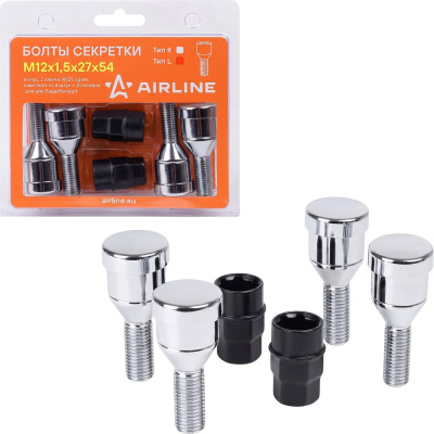 Секретки колесные AIRLINE (болты) М12x1.5x27x54, конус, 2 ключа 19/21, хром, тип L