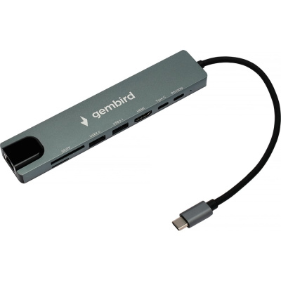 Док-станция Gembird Type-C, 8в1: USB2.0, USB3.1,Type-C,PD87W,HDMI,SD/TF,RJ45, кабель 20см, алюминий, коробка, UHB-D3