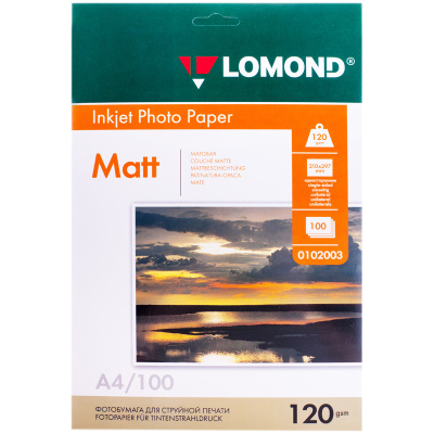 Фотобумага матовая, А4, 120 г/м2, односторонняя, 100 листов, LOMOND, 0102003