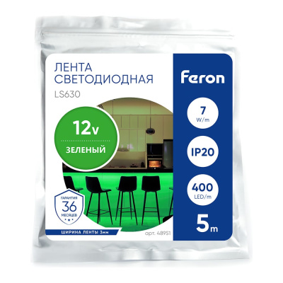 Лента светодиодная FERON 400smd(2110)/ 7вт/м 12v 5000x3х1.8мм зеленый, ip20, ls630