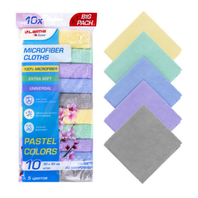 Салфетки из микрофибры LAIMA 30x30см PASTEL COLOUR, big pack, комплект 10шт, 180г/м2, HOME