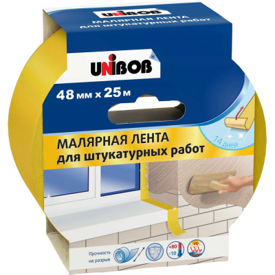 Лента клейкая малярная Unibob для штукатурных работ, 48 мм × 25 м, желтая