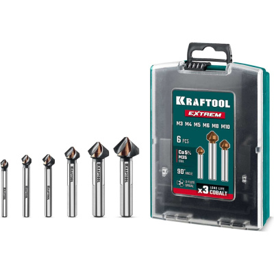 Набор зенкеров KRAFTOOL Extrem Со5-А, 6 шт (М3-М10), сталь M35, U-образная спираль