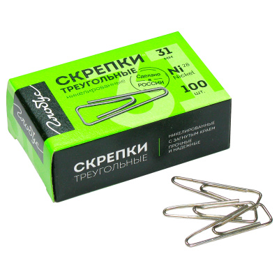 Скрепки, 31 мм, никелированные, с загнутым краем, треугольные, 100 шт., в картонной коробке, GLOBUS, С31-100Н