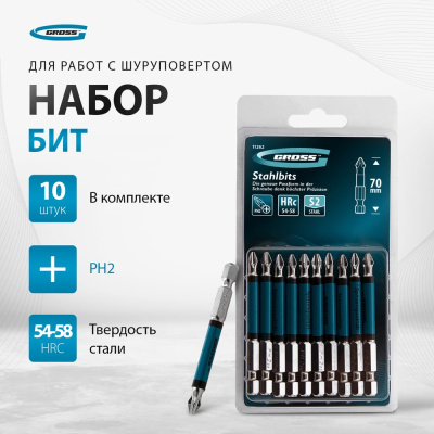 Набор односторонних битс круглым профилем PH2 x 70 мм Gross