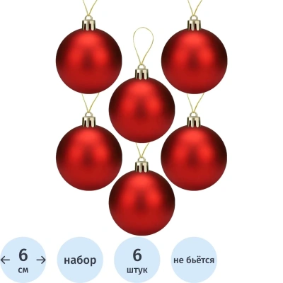 Набор шаров новогодних Матовый красный, 6см, 6шт, матовый, крас ШЕН-4033
