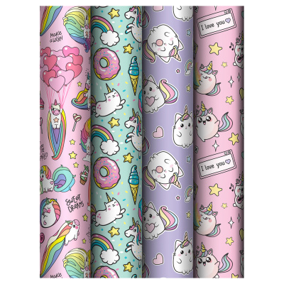 Упаковочная бумага глянц. 70*100см, MESHU "Единорог", 80 г/м2, ассорти, 4 дизайна