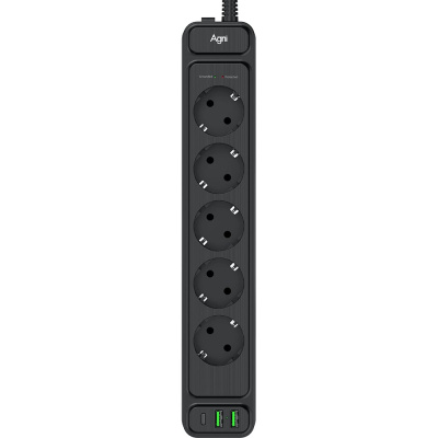 Сетевой фильтр AGNI плоский, 5 розеток, 5 метров, 2 USB + 1 Type-C 20 Вт, чёрный TP-FS3U5E-PD-5m-black