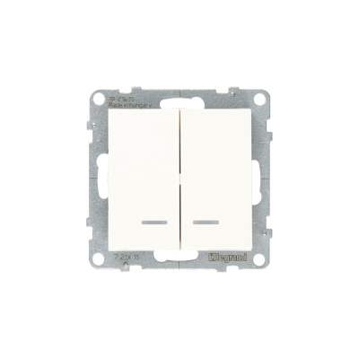 Выключатель двухклавишный Legrand SUNO 10АХ 250В, с подсветкой/индикацией, безвинтовые зажимы, цвет белый
