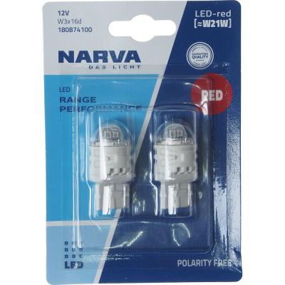 Автолампа W21W W3x16d LED RED RPL2 блистер, 2шт 12V Narva