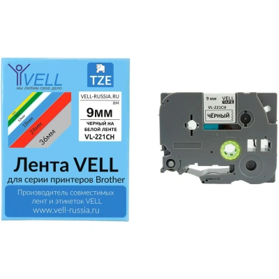 Картридж -лента Vell VL-221CH(с чип.9мм,чер.на бел.)для Puty {Vell-221CH