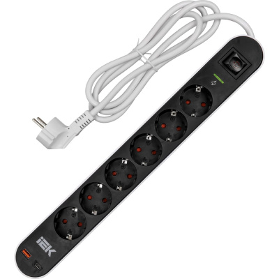 Фильтр сетевой IEK СФ-06К 16А USB A+C 20Вт 1,5м 3х1,5мм2 черный