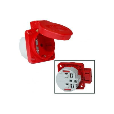 Встраиваемая розетка PCE 16A 250V 2P+E IP54 подключение сзади 50х50 красная