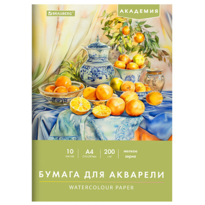 Папка для акварели А4, 210х297 мм, 10 листов, 200 г/м2, BRAUBERG АКАДЕМИЯ (ДЭК), "Апельсины", 117743