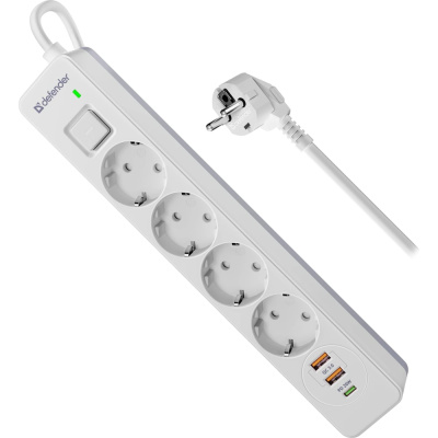 Удлинитель с сетевым фильтром Defender DFS 145 5 м, белый, 4 розетки, USB+Type C