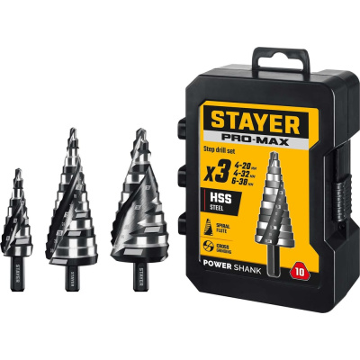 Набор сверл ступенчатых STAYER Pro-Max 3 шт, 4-38мм, винтовая спираль