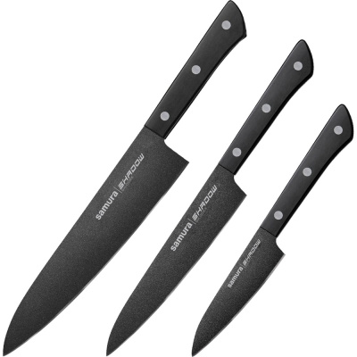 Набор из 3 ножей Samura SHADOW с покрытием Black-coating (11,23, 85), AUS-8, ABS пластик