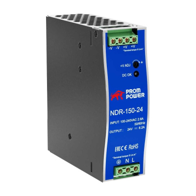 Источник питания Prompower ndr-150-24, на выходе 24 В DC, 6.2 а, 150 Вт. входное 85-264 В AC (120-370 В DC)