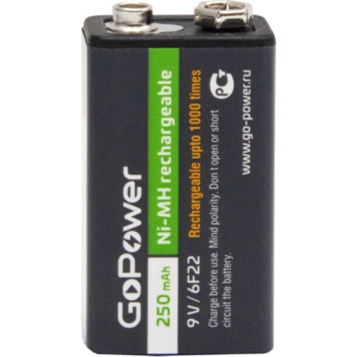 Бытовой аккумулятор GoPower Крона 6F22 BL1 NI-MH 9V 250mAh 00-00017020 перезаряжаемый до 1000 раз