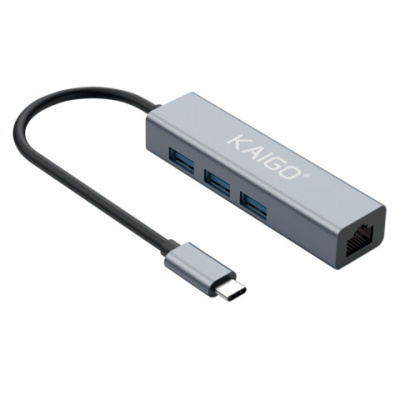Хаб-разветвитель KG-096A, Type-C 3.2, высокоскоростной, 4 в 1, 3 х USB-A 3.2, 1 x RJ-45, 120 мм, серый, KAIGO (КАЙГО) SMART, 355061