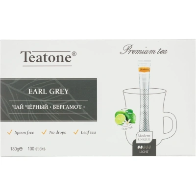 Чай TEATONE "Earl grey tea" черный с ароматом бергамота, 100 стиков по 1,8 г, 64
