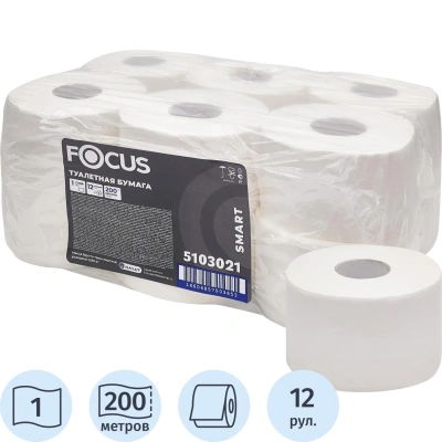 Бумага туалетная д/дисп Focus Smart T2 1сл 200м 12рул/уп 5103021/50204097