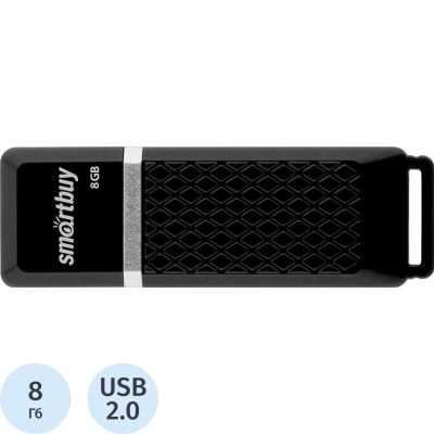 Флеш-диск 8 GB, SMARTBUY Quartz, USB 2.0, черный, SB8GBQZ-K