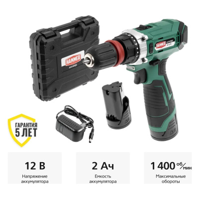 Аккум.дрель Hammer ACD122QC 12В 2x2Ач LiION 10мм 0-350/0-1400об/мин 28Нм Компактная и эргономичная дрель-шуруповерт с