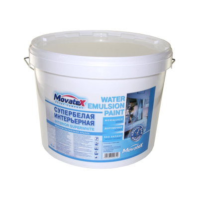 Водоэмульсионная интерьерная краска Movatex супербелая, моющаяся, 10 кг Т02329