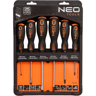 Набор отверток NEO Tools 6 шт., SL/PH, S2, двухкомпонентная рукоятка, на планке