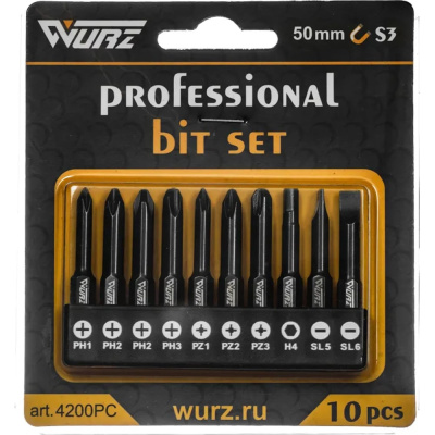 Набор магнитных бит WURZ 50мм, PH1,PH2(2),PH3,PZ1,PZ2,PZ3,SL5,SL6,H4, 10шт/бл