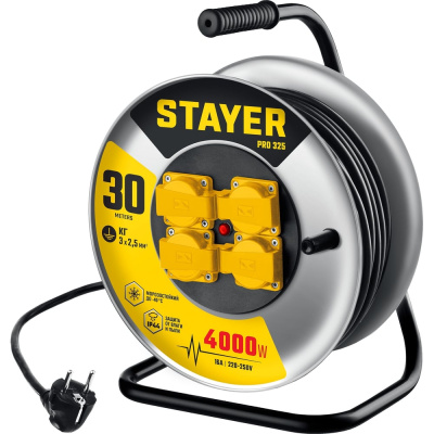 Силовой удлинитель на стальной катушке STAYER Pro 325 КГ 3x2.5 30м