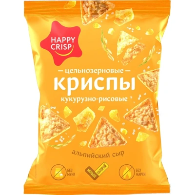 Чипсы кукурузно-рисовые HAPPY CRISP цельнозернов альпийск сыр, 50гx18шт/уп