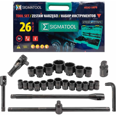 Набор инструментов ударных SIGMATOOL 26 предметов 3/4" 1" 6 гранные головки в пластиковом кейсе
