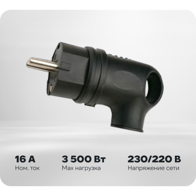 Угловая вилка IN HOME с заземлением, каучук 16А IP44 черная 9220