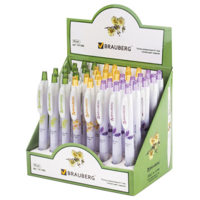 Ручка шариковая автоматическая с грипом BRAUBERG "Herb Time", СИНЯЯ, корпус ассорти, узел 0,7 мм, линия письма 0,35 мм, 141286