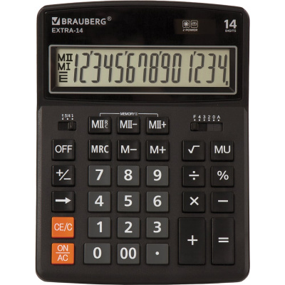 Калькулятор настольный BRAUBERG EXTRA-14-BK (206x155 мм), 14 разрядов, двойное питание, ЧЕРНЫЙ, 250474