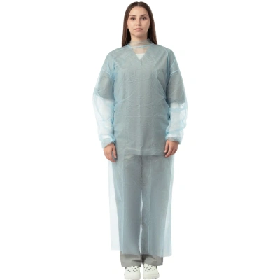 Халат н/с, на завязк, рук.рез, дл.110см, XL, пл 20, голуб, 10 шт/уп