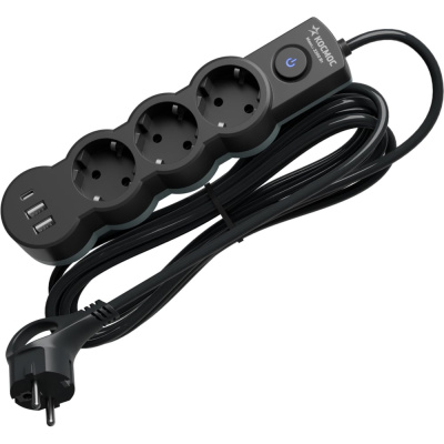 Удлинитель КОСМОС 5м, ПВС 3х1, 3 гнезда, заземление, выключатель, USB, 10А, 2800Вт, черный