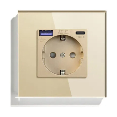 Розетка Vell электрическая, золотая, 1 пост, USB-A, USB-C, быстрая зарядка, стеклянная рамка