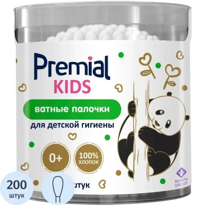 Палочки ватные PREMIAL детские (цилиндр) 200 ватных палочек
