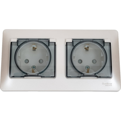 Розетка Systeme Electric Glossa Перламутр 2-ая с/з, со шторками, в сборе, IP44 SE
