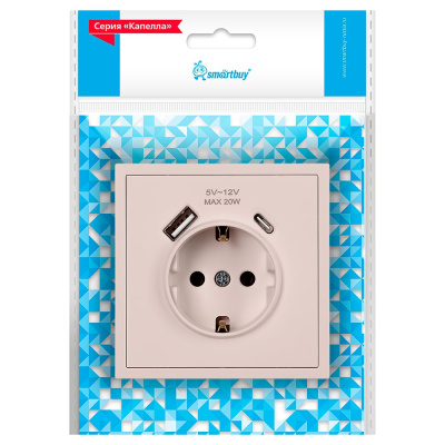 Розетка 1-местная Smartbuy с заземлением USB+Type 16А бежевая Капелла