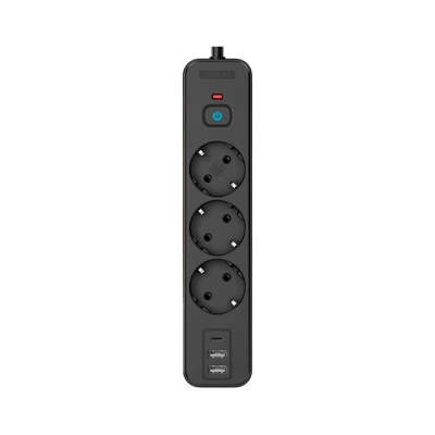 Сетевой фильтр Perfeo REAL HOME 2,0м, 3 розетки, 2USB+1TYPE-C, 16А, 3500 Вт,тройная защита,черный.