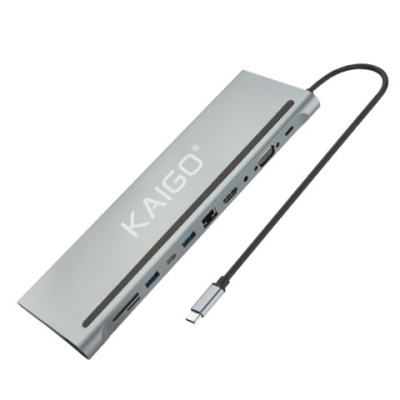 Док-станция хаб-разветвитель KG-050, в/с, 11 в 1, USB-A 2.0/3.2, Type-C 3.2 - PD 3.0, RJ-45, SD/TF 2.0, HDMI, VGA, AUX, 250 мм, серая, KAIGO, 355070