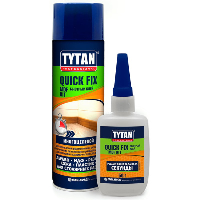 КЛЕЙ ДЛЯ МДФ ЦИАНАКРИЛАТНЫЙ TYTAN PROFESSIONAL QUIСK FIX 2-Х КОМП. 200 МЛ+50 Г ПРОЗРАЧН.