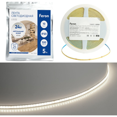 Светодиодная COB лента FERON LS532, 320SMD(2110)/м 10Вт/м 24V 5000х5х1.8мм 4000К