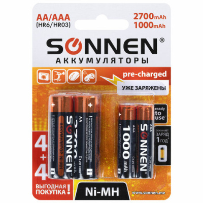 Аккумуляторные батарейки SONNEN ni-mh пальчиковые/мизинчиковые набор 8 шт. (aa+ааа) 2700/1000 mah